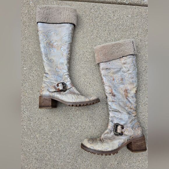 Knee High Embroidered Metallic Bronze Silver Sherpa Lined Rugged Western Boots 8 - Picture 5 of 11